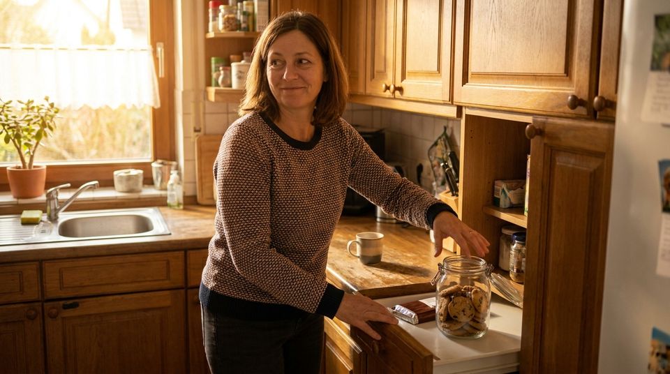 Frau am Küchenschrank am Nachmittag