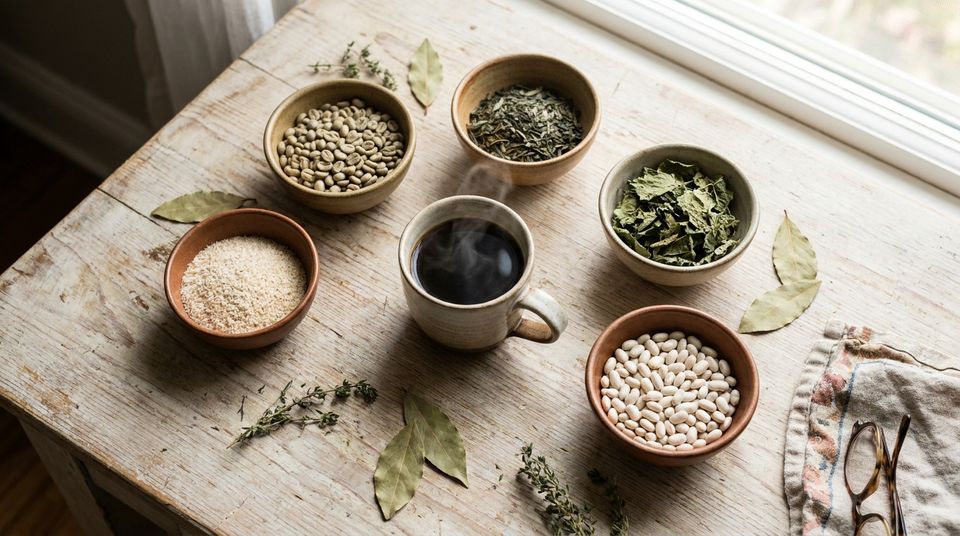 Pflanzliche Zutaten in Schalen neben einer Tasse Kaffee